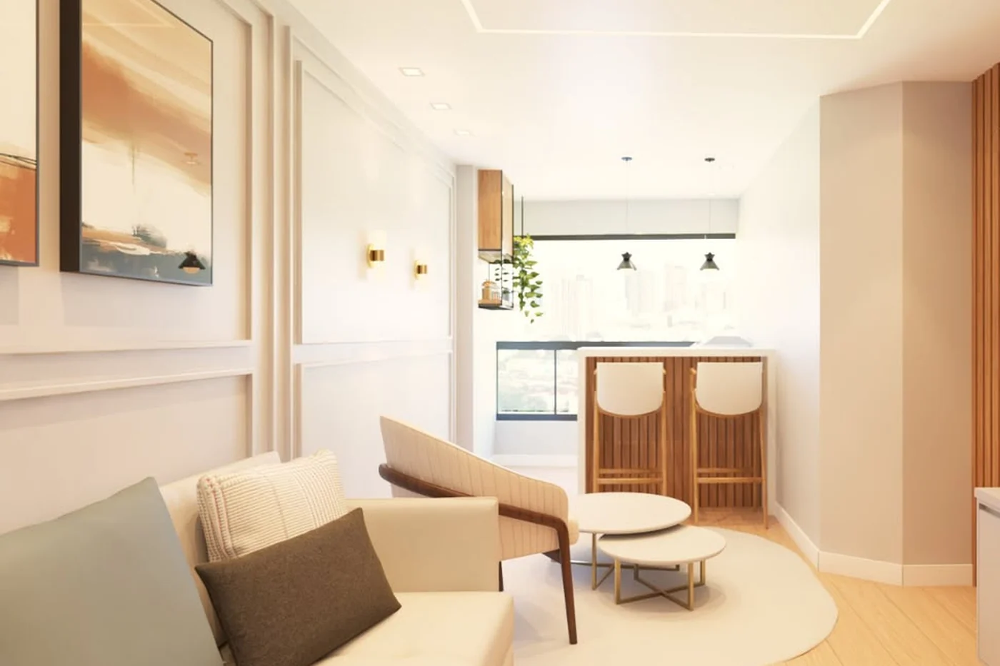 Render do projeto de living de apartamento integrado à cozinha