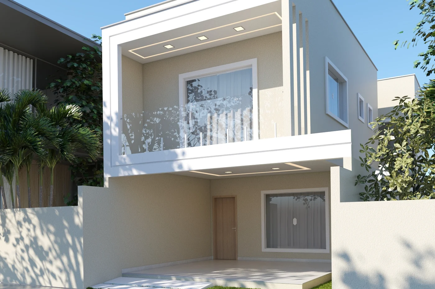 Projeto 3D de residência branca com varanda recuada, de autoria do escritório