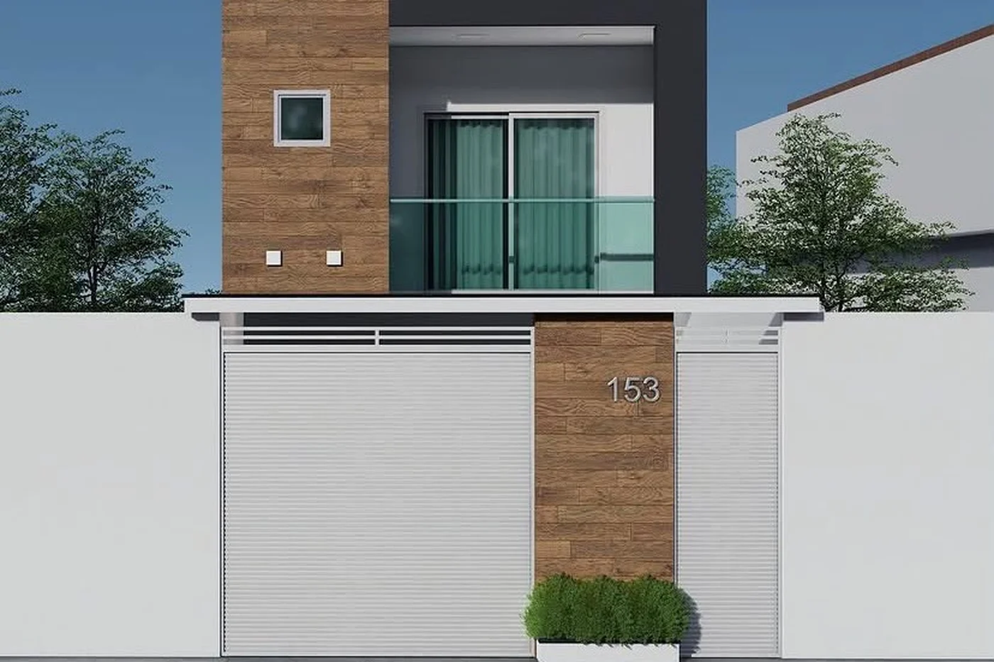 Projeto 3D de residência de dois pavimentos com painel de madeira, de autoria do escritório