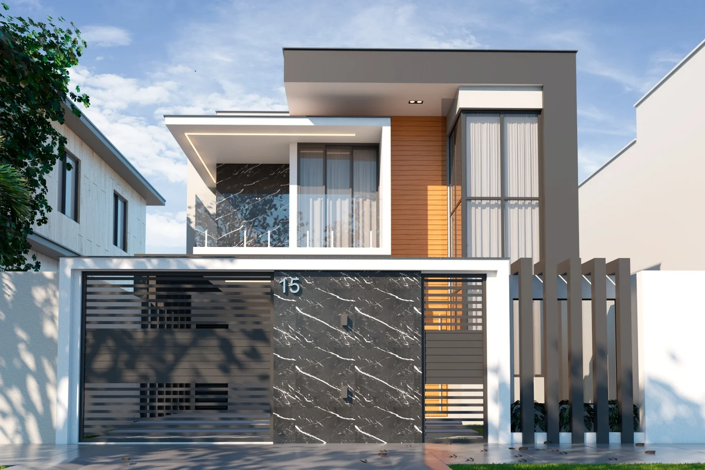 Projeto 3D de fachada residencial com portão em pedra, de autoria do escritório