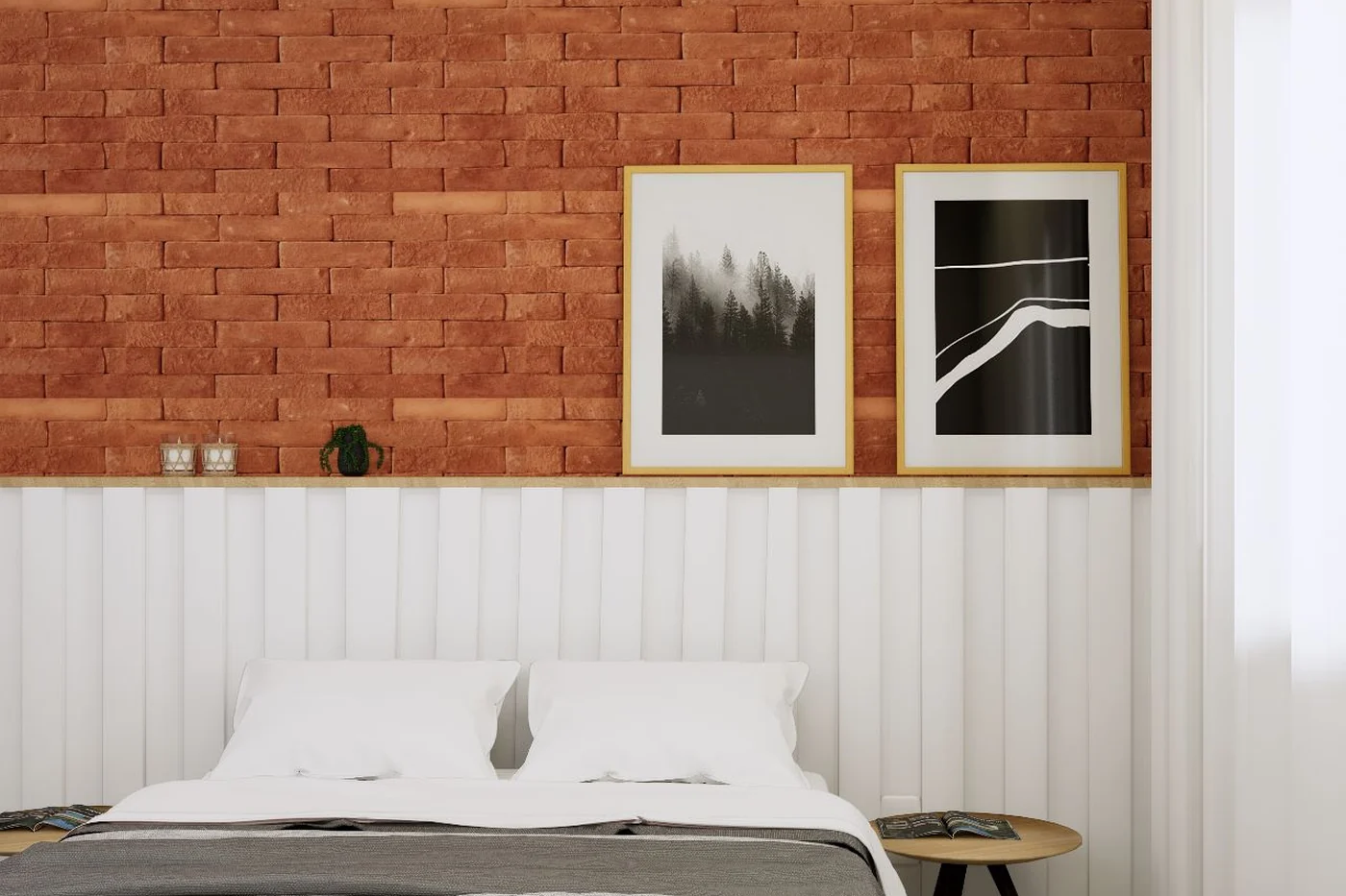 Render do projeto de suíte com parede em tijolo aparente e boiserie branca